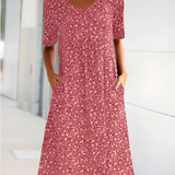Robe Midi Évasée Imprimé Fleuri Manches Courtes Confort