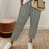 Pantalon Rayé à Taille Élastiquée et Poches