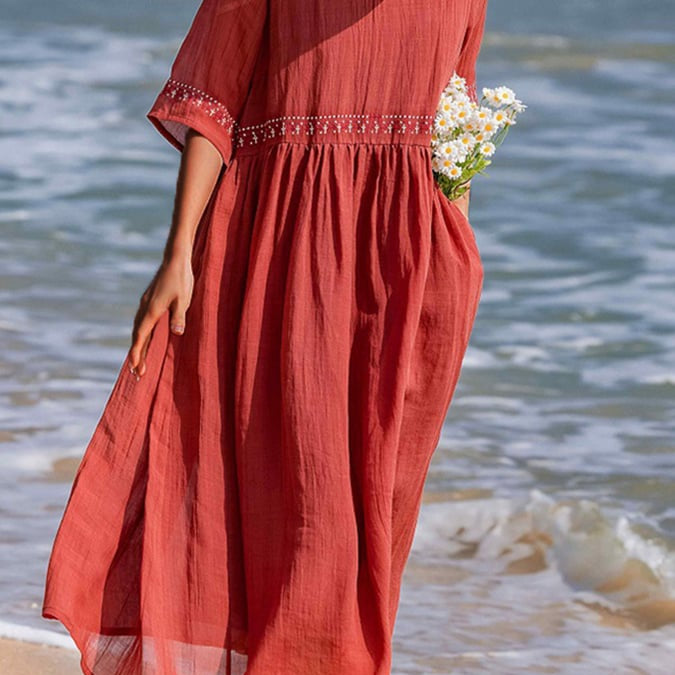 Robe Longue Fluide à Taille Froncée
