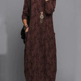 Robe Midi Ample Motif Feuillage Manches Longues Chic