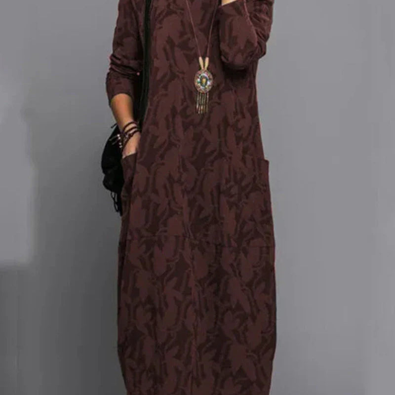 Robe Midi Ample Motif Feuillage Manches Longues Chic