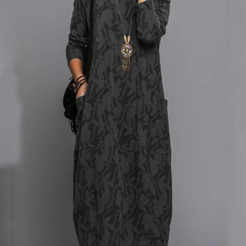 Robe Midi Ample Motif Feuillage Manches Longues Chic