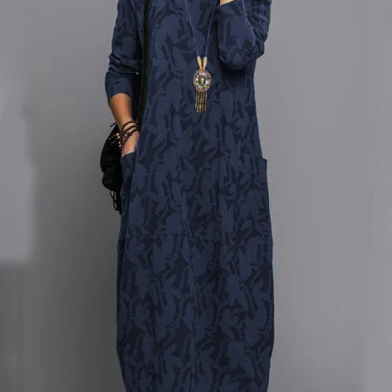 Robe Midi Ample Motif Feuillage Manches Longues Chic