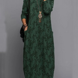 Robe Midi Ample Motif Feuillage Manches Longues Chic