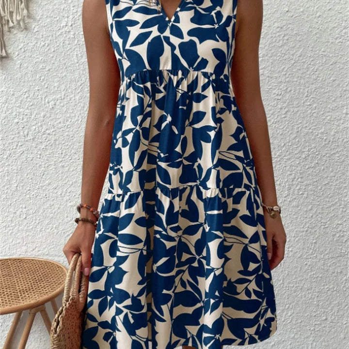 Robe Courte Imprimée Sans Manches Col V Coupe Évasée Chic