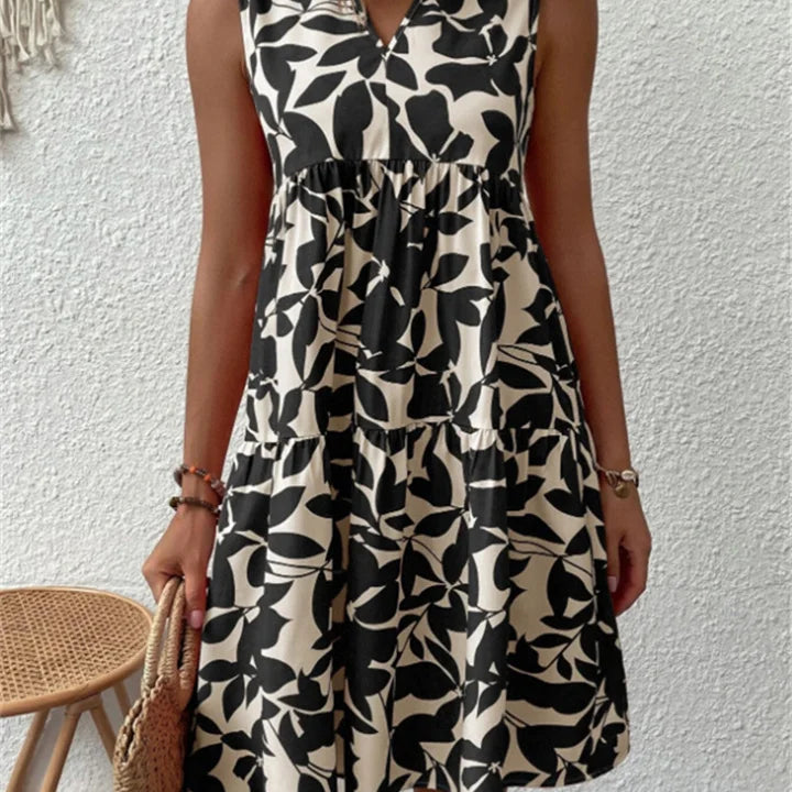 Robe Courte Imprimée Sans Manches Col V Coupe Évasée Chic