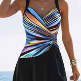 Tankini Femme Croisé à Rayures avec Jupe