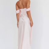 Robe Midi Satinée Bardot Drapée Élégance