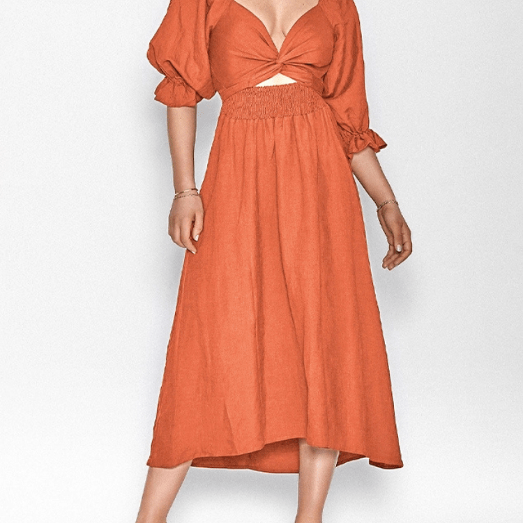 Robe Midi à Col V et Taille Nouée