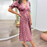 Robe Midi Femme Fleurie à Col V Boutonnée