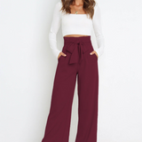 Pantalon Fluide Taille Haute Ceinture Nouée Élégant