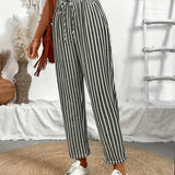 Pantalon Rayé à Taille Élastiquée et Poches