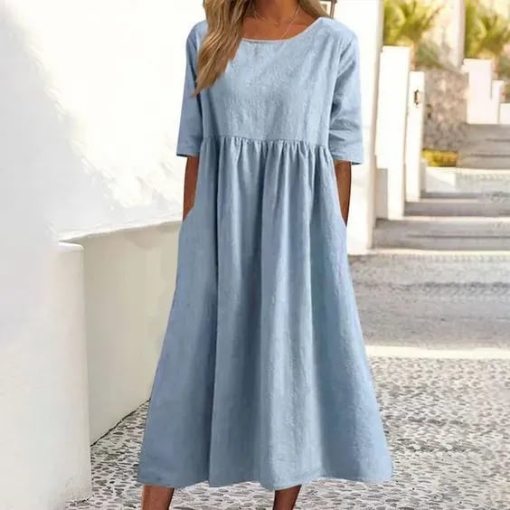 Robe Longue Ample Taille Haute Manches Courtes Style Décontracté