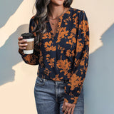 Blouse Fleurie Col V Manches Longues Élégance Automne