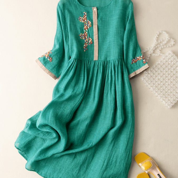 Robe Midi Lin Brodé Coupe Ample Confort Estival