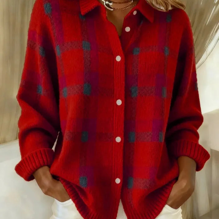 Pull femme à carreaux boutonné avec col