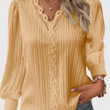 Blouse Plissée à Col V et Manches Longues
