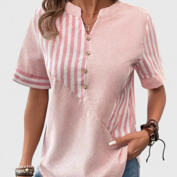 Blouse Rayée à Col V et Manches Courtes