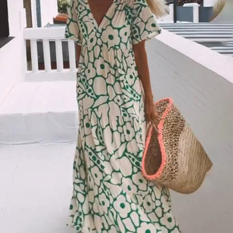 Robe Longue Imprimée Col V Volants Élégance Bohème