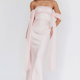 Robe Midi Satinée Bardot Drapée Élégance