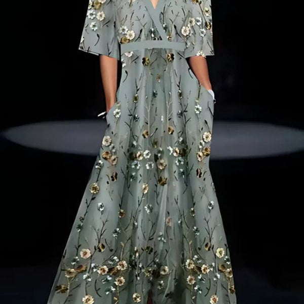 Robe Longue Femme Fleurie à Col V Croisé