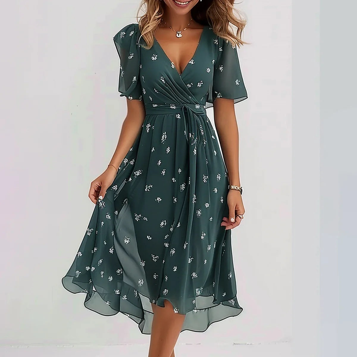 Robe Midi Florale Fluide Col V Élégance Printemps