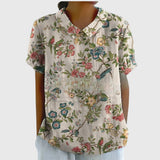 Blouse Fleurie à Col V et Manches Courtes