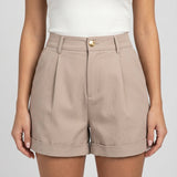 Short femme large taille haute à revers en coton mélangé