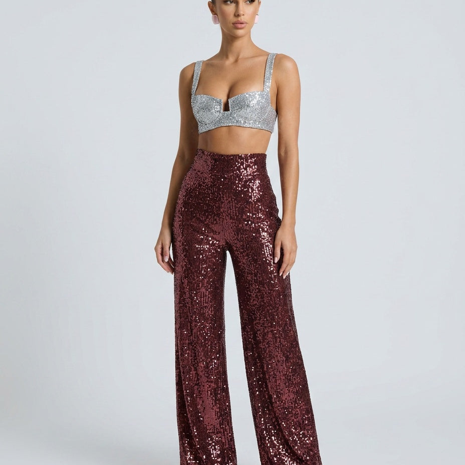 Pantalon femme large à sequins taille haute