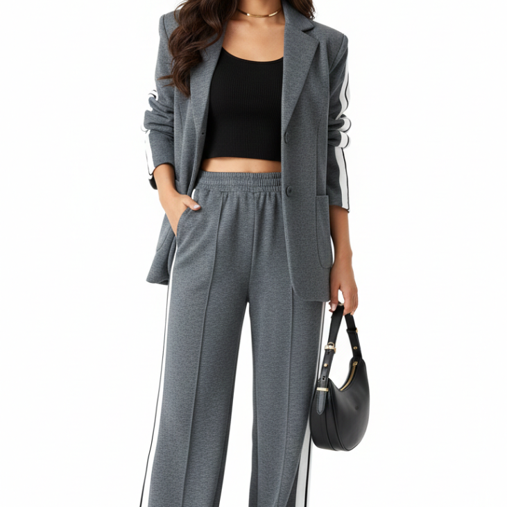 Ensemble Tailleur Femme Blazer Long et Pantalon Large Chic