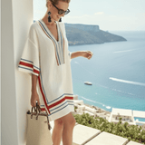 Robe Courte Femme à Col V avec Rayures Contrastées