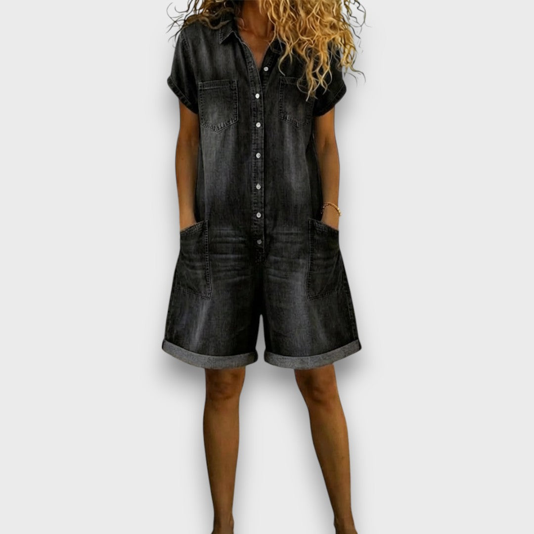 Combishort en Denim à Manches Courtes