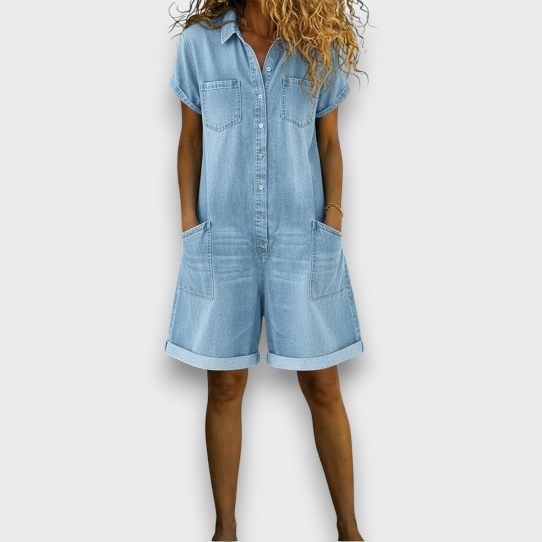 Combishort en Denim à Manches Courtes