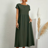 Robe Midi Unie à Col Rond