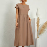 Robe Midi Unie à Col Rond