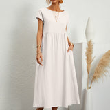 Robe Midi Unie à Col Rond