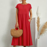 Robe Midi Unie à Col Rond