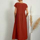 Robe Midi Unie à Col Rond