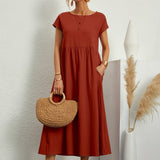 Robe Midi Unie à Col Rond