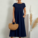 Robe Midi Unie à Col Rond