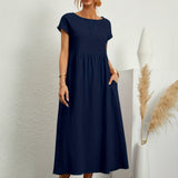 Robe Midi Unie à Col Rond