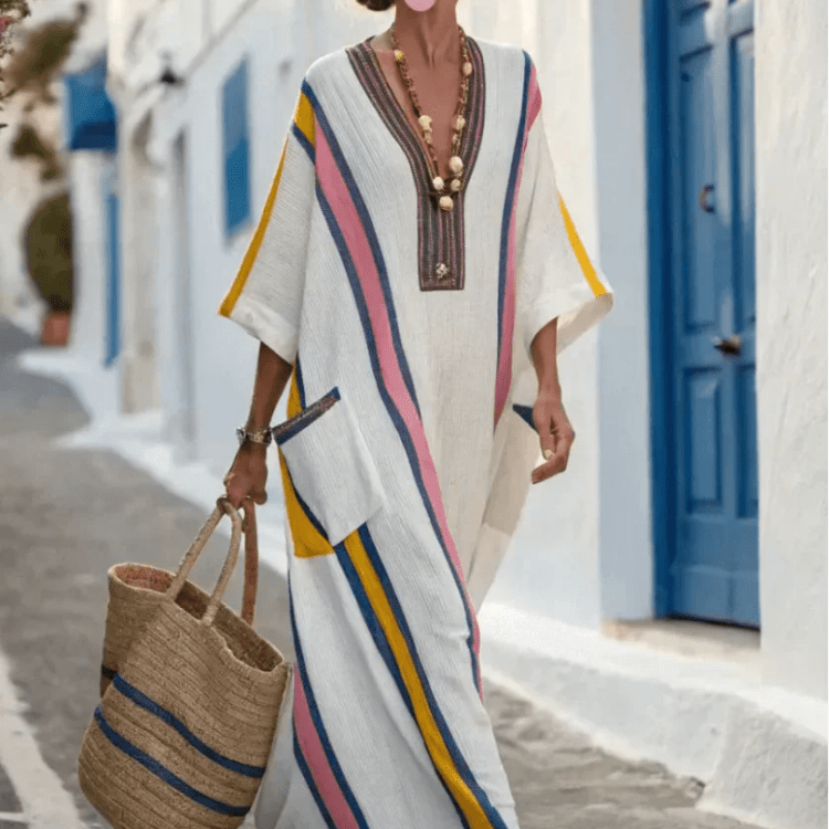 Robe Longue Femme à Rayures avec Ceinture