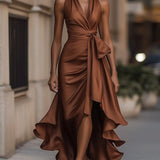 Robe Longue Femme à Volants et Col V