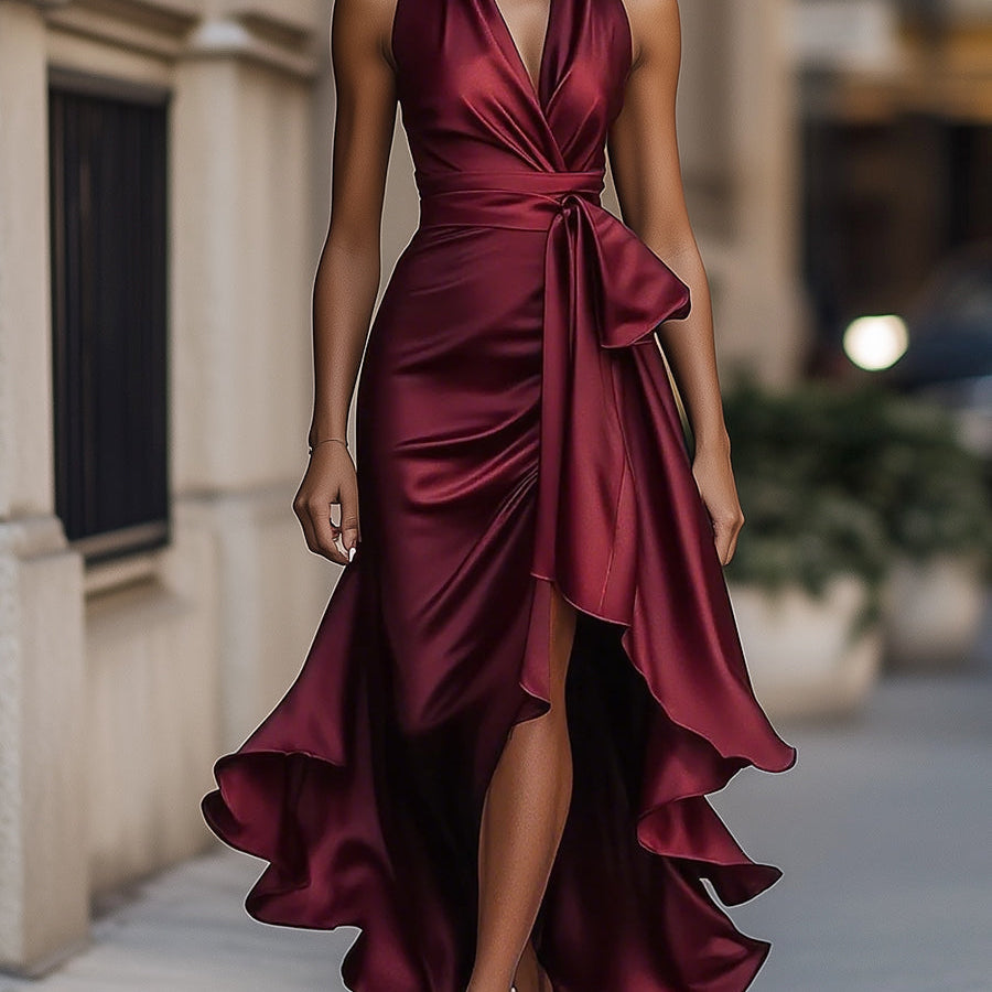 Robe Longue Femme à Volants et Col V