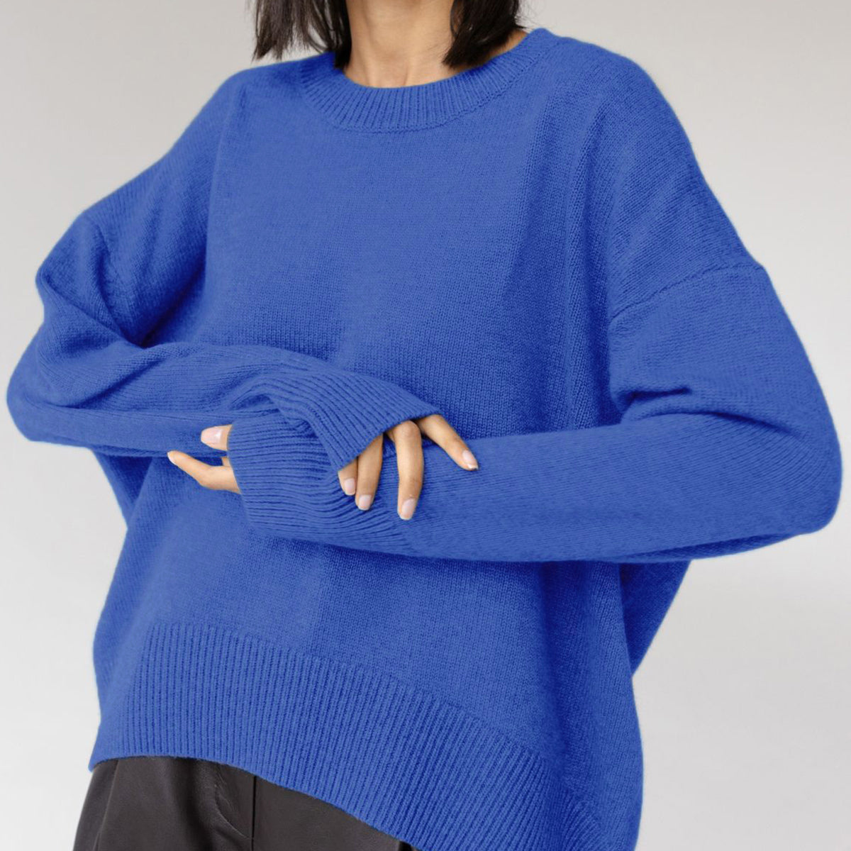 Pull oversize femme col rond à bords côtelés