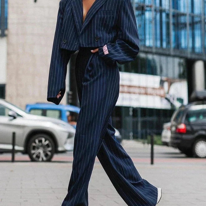 Ensemble Tailleur Rayé Femme Blazer et Pantalon Large