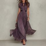 Robe Longue Femme Plissée à Manches Courtes