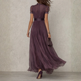 Robe Longue Femme Plissée à Manches Courtes