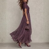 Robe Longue Femme Plissée à Manches Courtes
