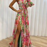 Robe Longue Fendue Imprimée Épaule Dénudée Style Bohème Chic
